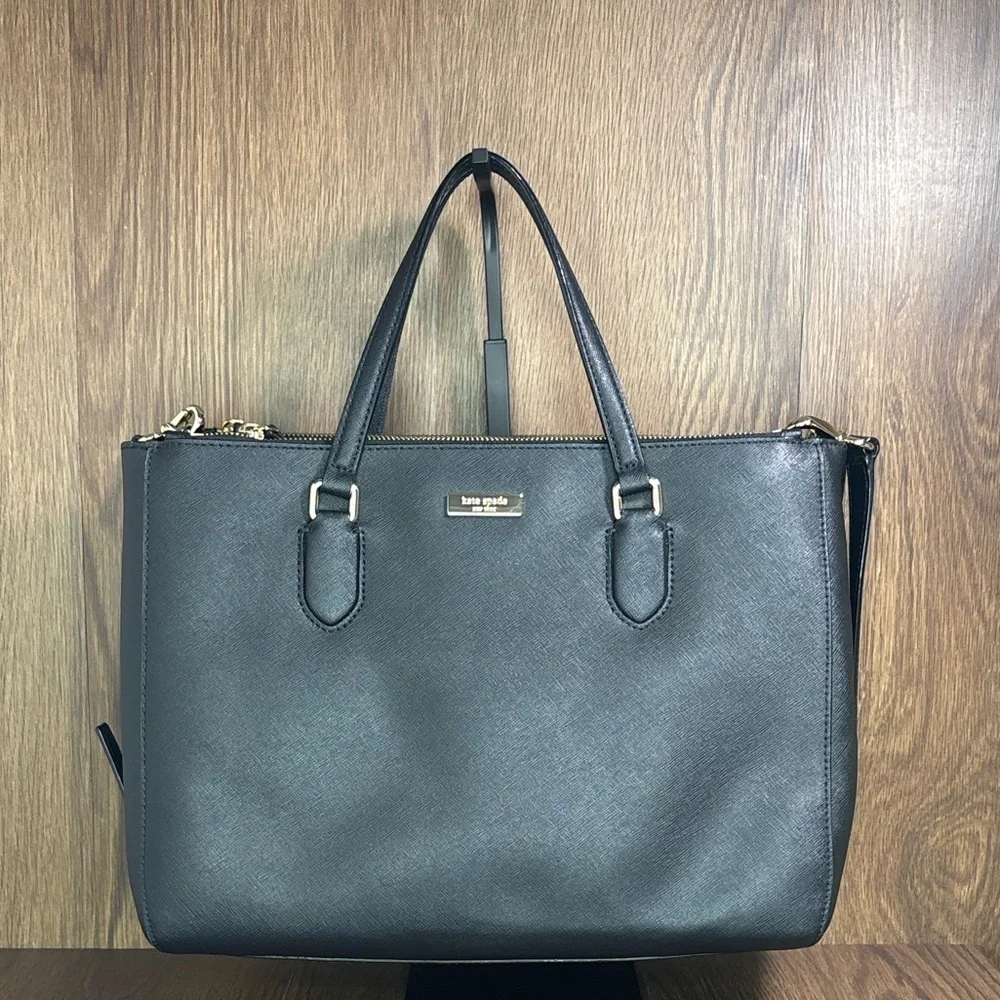 Kate Spade Black Saffiano Leather Zip Top Structured Tote Bag